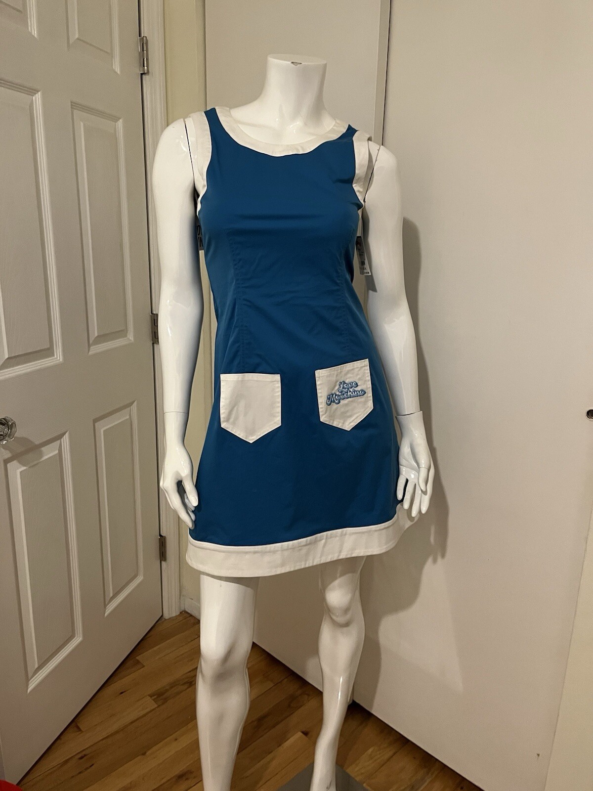 Love Moschino Turquoise Blue and White Apron Retro Dress Size 40 IT, Size 4 US