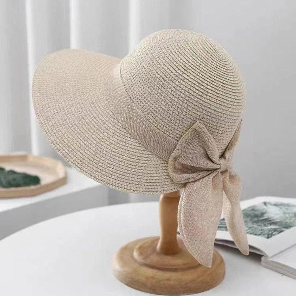 Women Bowknot Straw Sun Hat Wide Brim Uv Beach Cap Breathable Summer Outdoor Fas