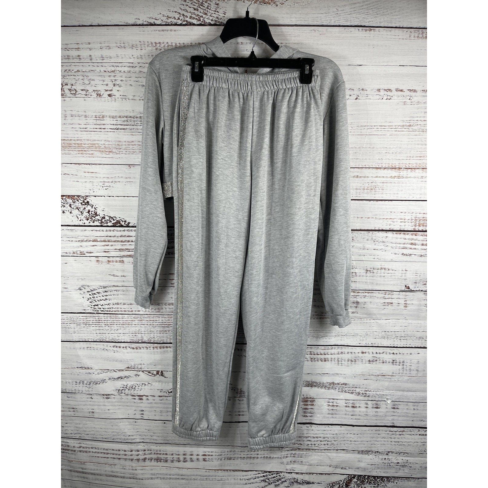 Miss Lola Hoodie Sweatshirt Pants Set Women’s SZ L Gray Rhinestone Trim Jogger