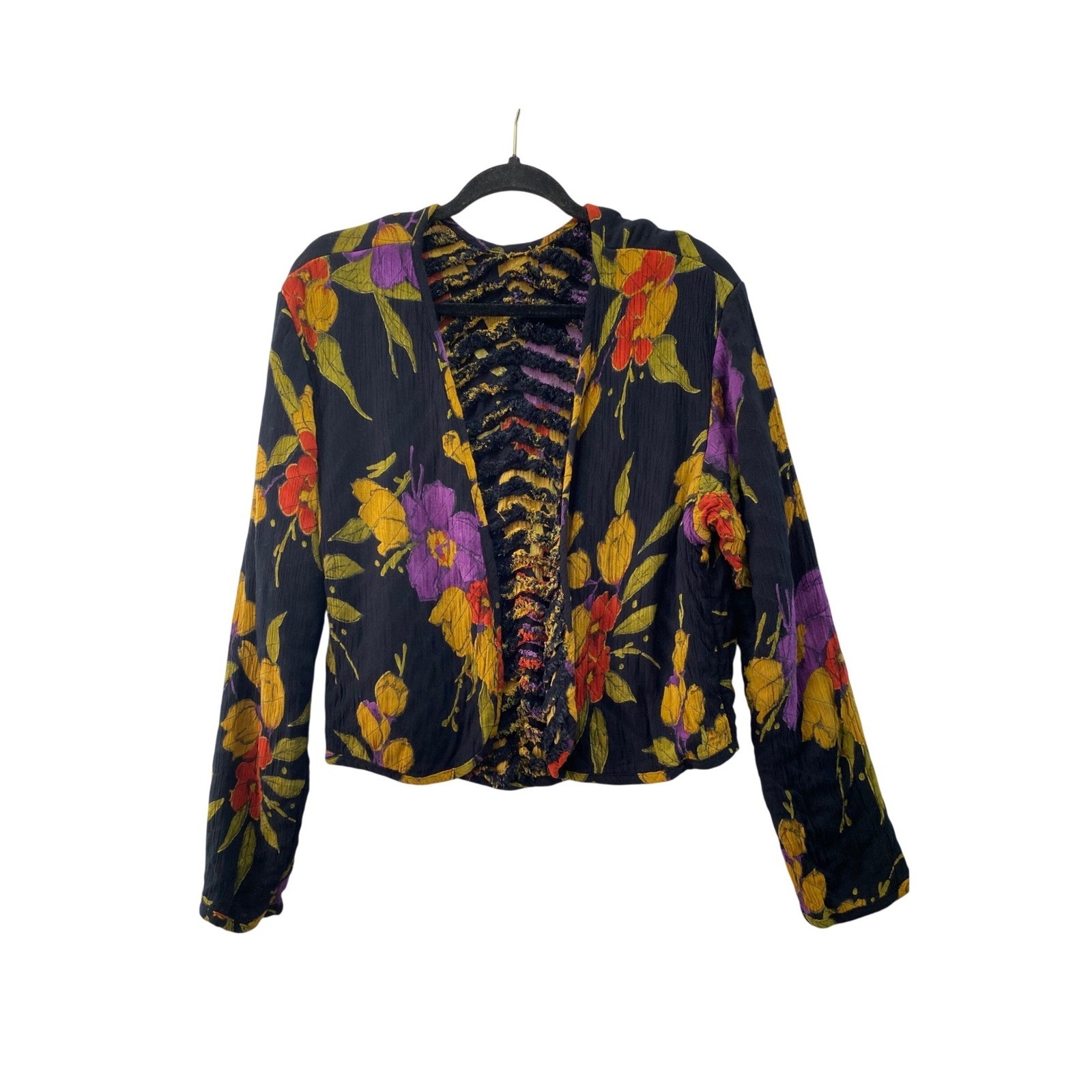 Unbranded Reversible Quilted Jacket Women L Black Floral Art to Wear Fringe