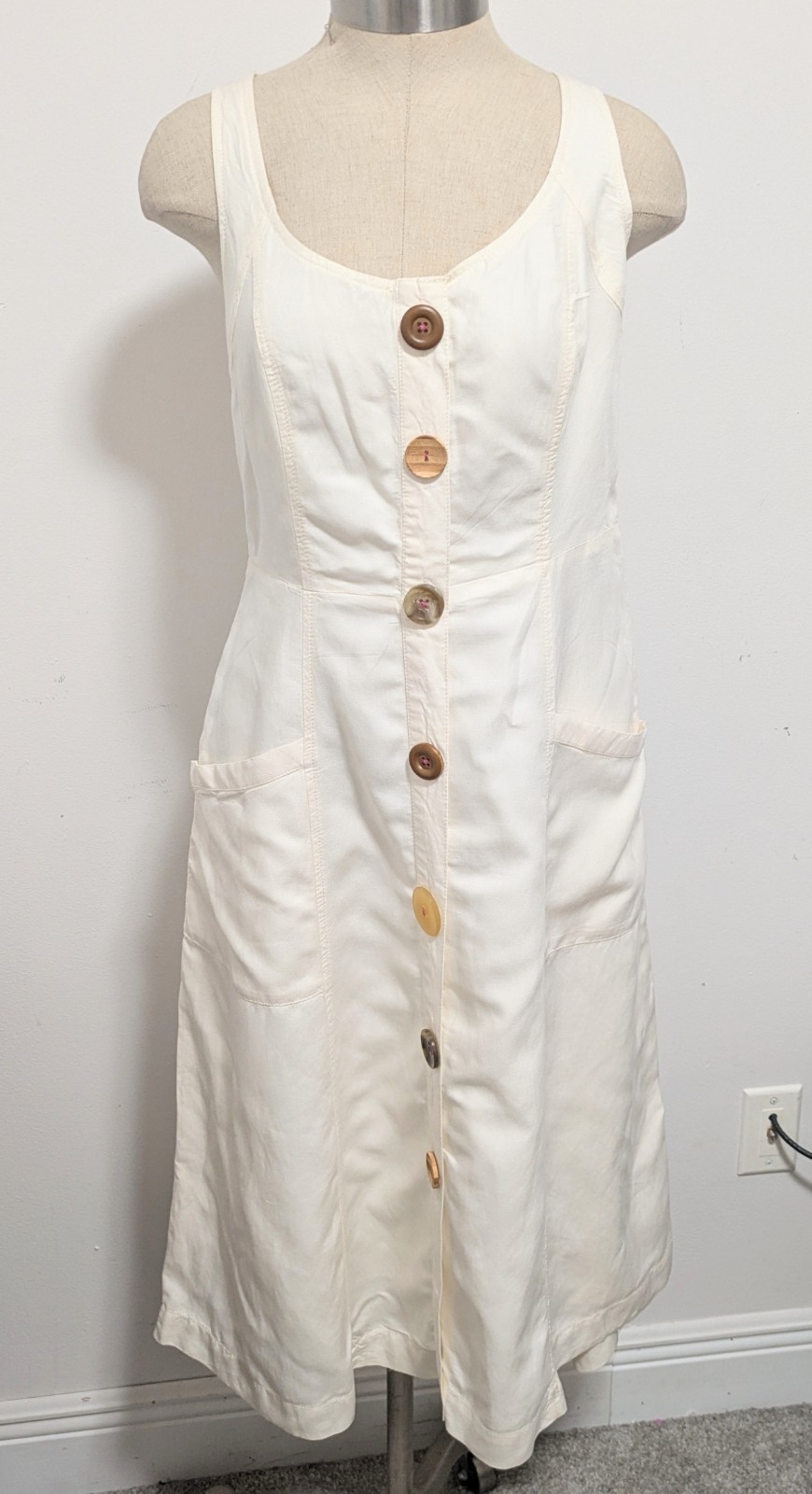 Anthropologie Cream button Front Midi Dress Linen Blend 10 Beachy Cortage Preppy