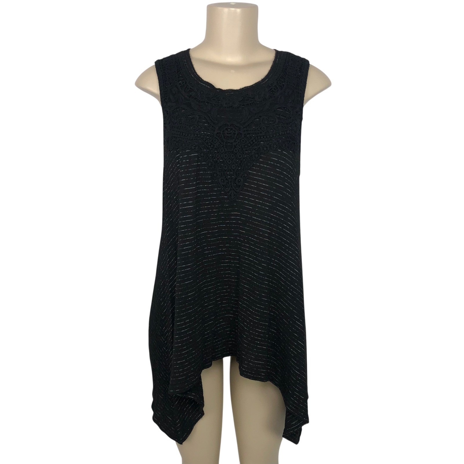 Knox Rose Black Crochet Lace Trim Knit Asymmetric Tunic Tank Top Large Boho
