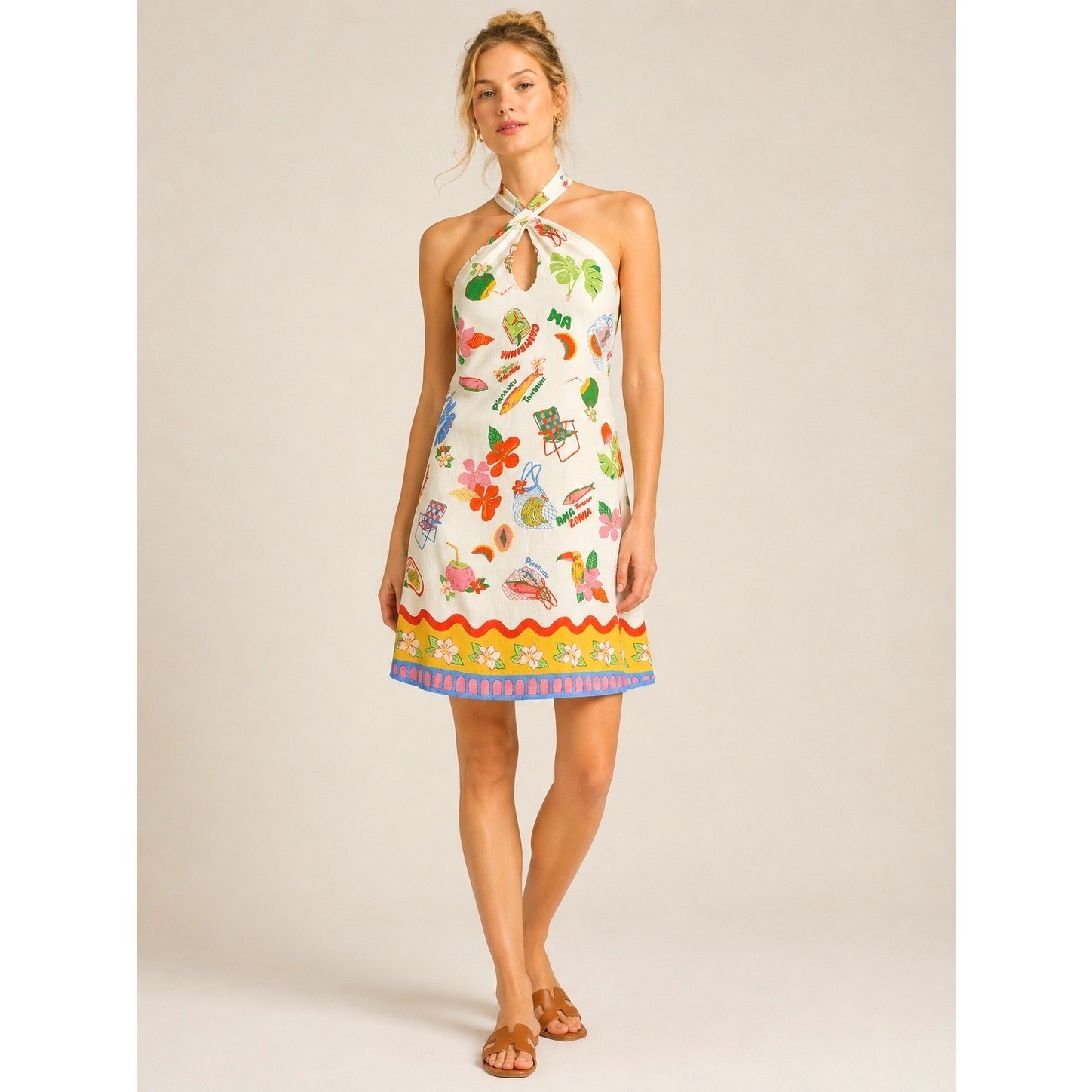 Petal and Pup Octavia Mini Dress Womens S White Rayon Linen Tropical Halter NEW