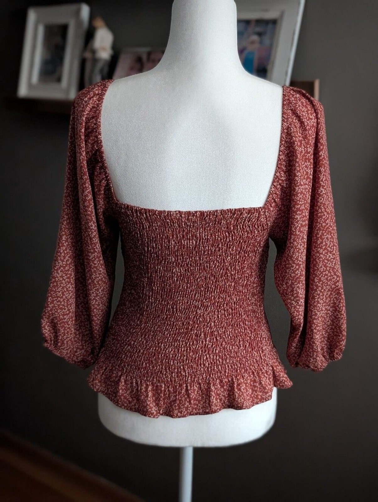 Paper Crane Size L Rust Floral Smocked Square Neck Peplum Boho Top Fall Blouse