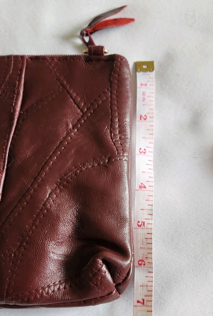 MATCH Patchwork Rich Burgundy Leather Clutch Purse 11x7in long strap Zip Top New