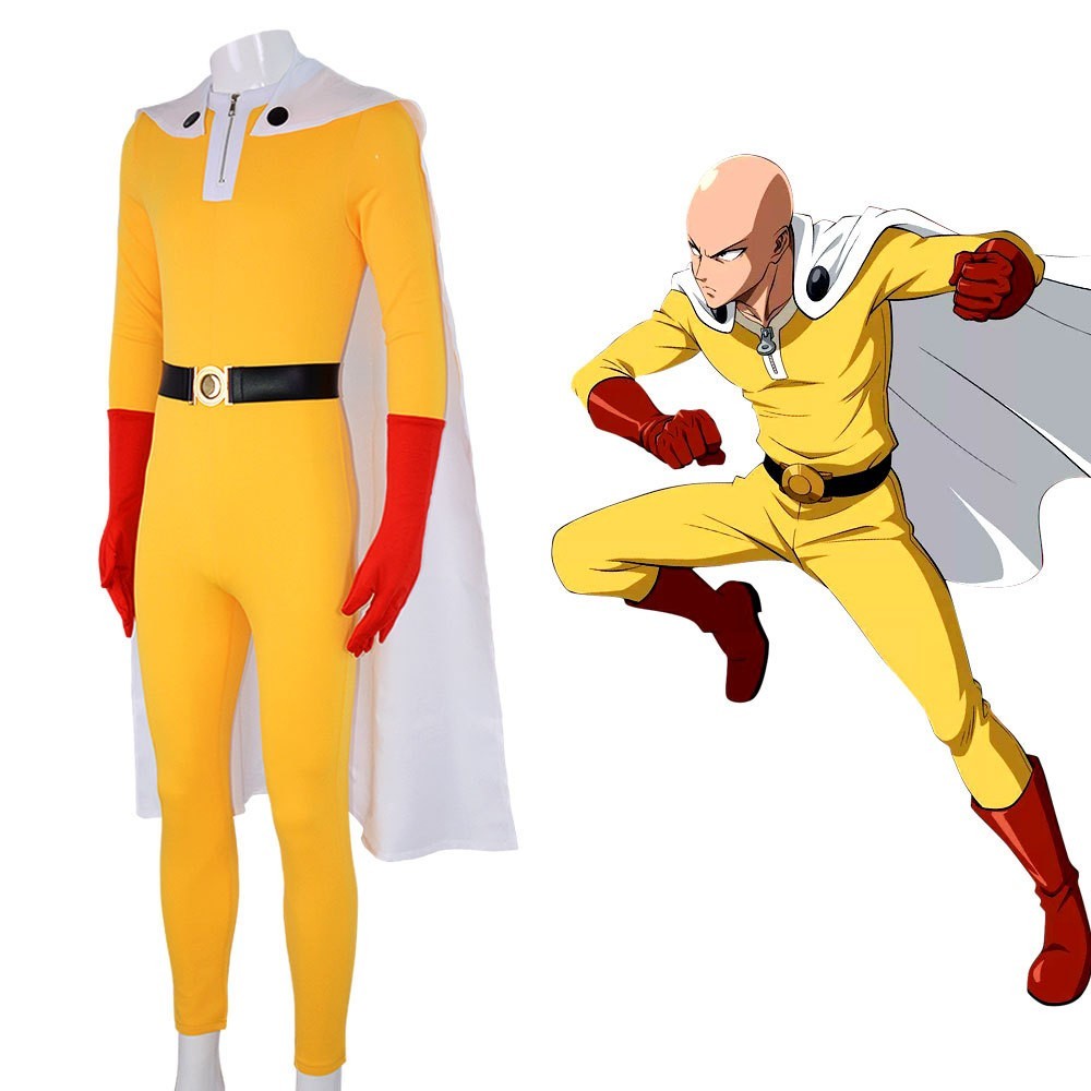 One Punch Man Hero Saitama Cosplay Costume Jumpsuit Cape Belt Gloves 4 Pcs Set
