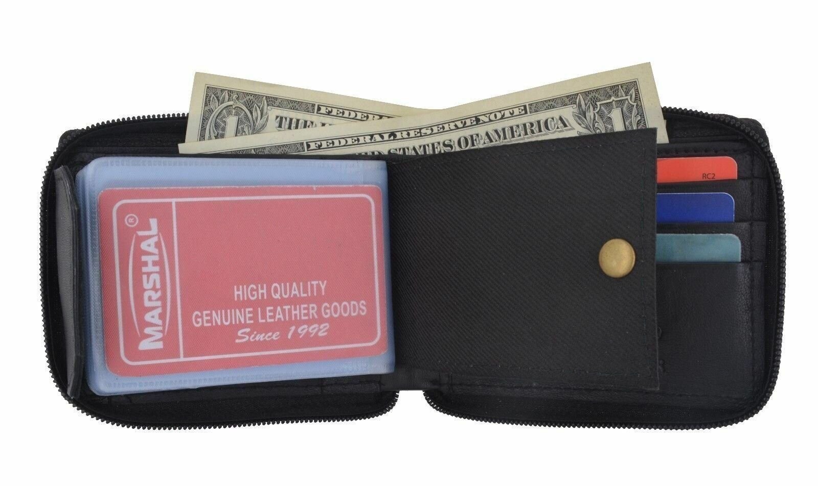Zipper Bifold Leather Wallet W/Removable Plastic Inserts Casing W/Snap Enclosure