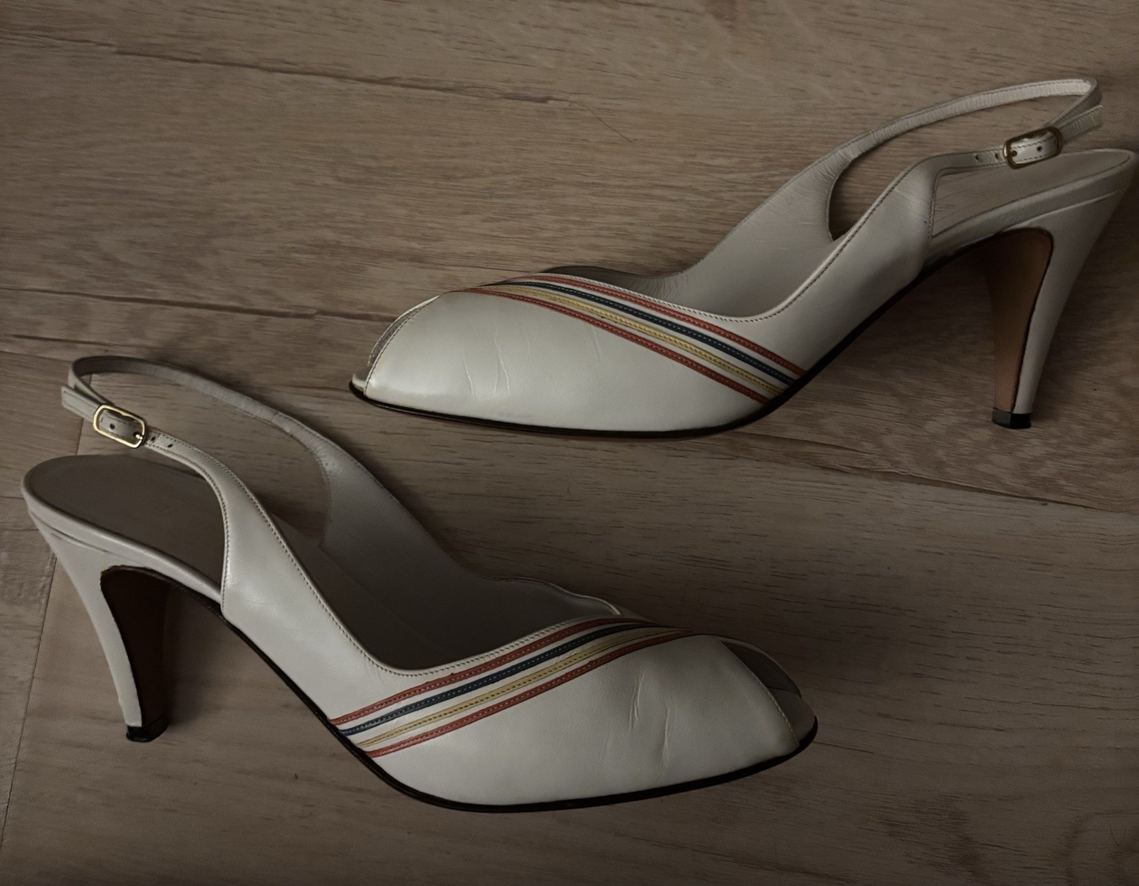 Bruno Magli Women’s White Leather Striped Peep Toe Slingback Stiletto 6.5AAA