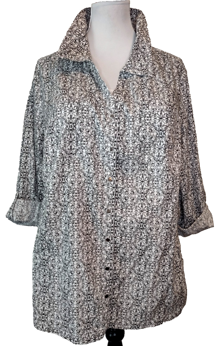 Coral Bay Blouse Shirt Top 3X Roll-Tab Sleeve Button Knit Side Panels Easy Wear
