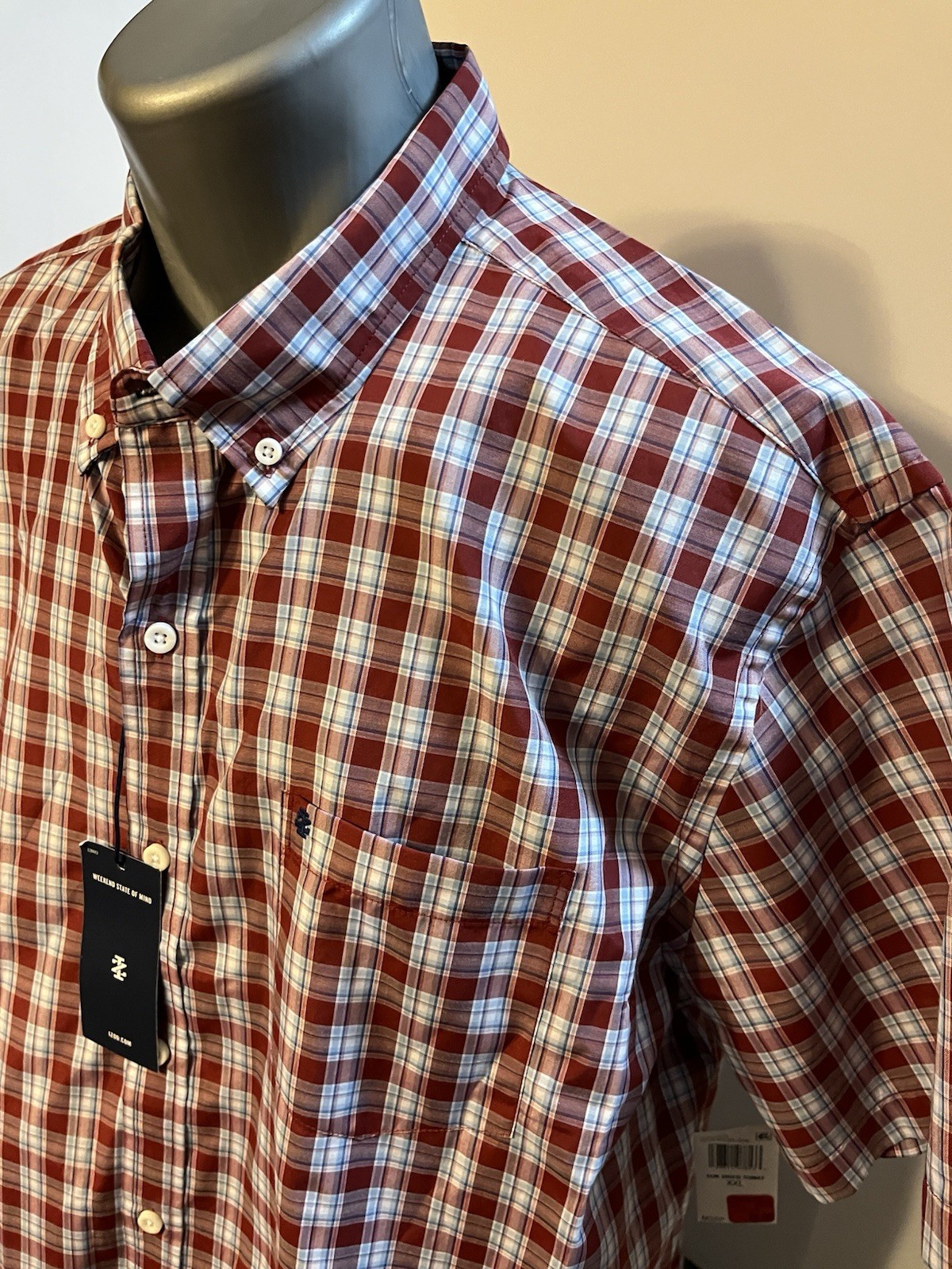 IZOD Men’s SS Button Down Breeze Shirt Red Blue Plaid XXL Cotton Poly – NWT