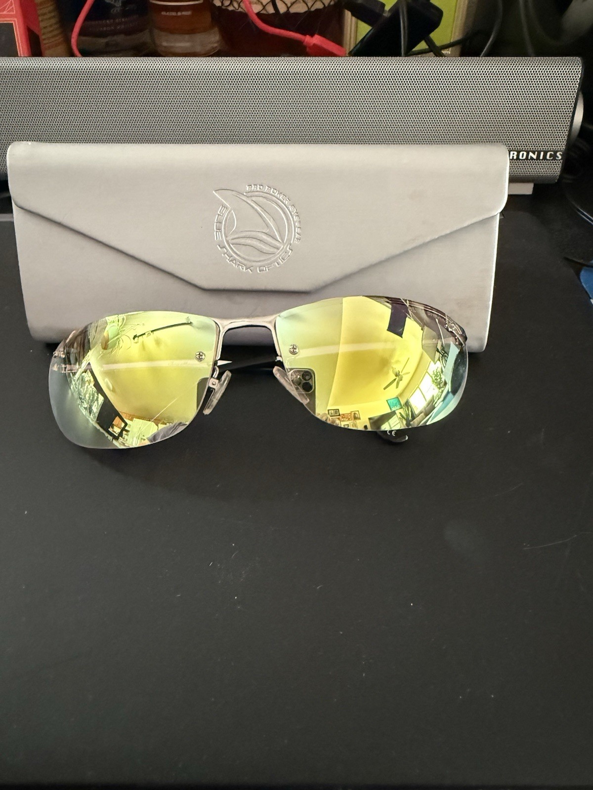Shark Optics Pro Poker Eyewear Rimless Mirrored Gold Lens Sunglasses Silver