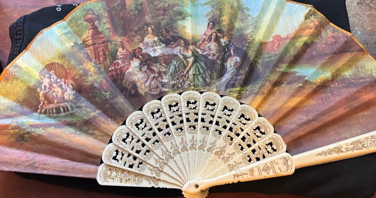Victorian Multi-Color Hand Fan Ivory Fabric Plastic Formal Occasion