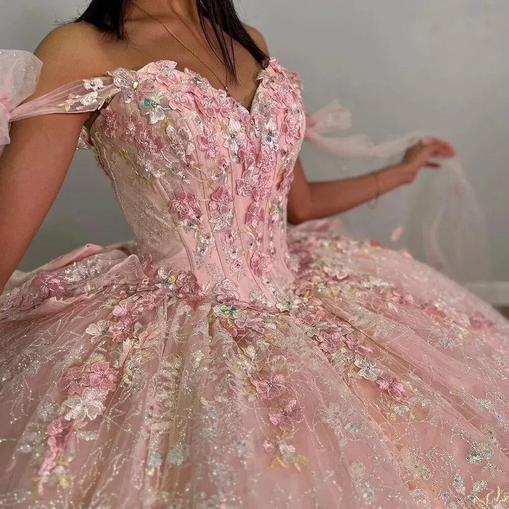 Shimmering Pink Crystal Quinceanera Dresses Ball Gown 3D Flower Beaded Sweet