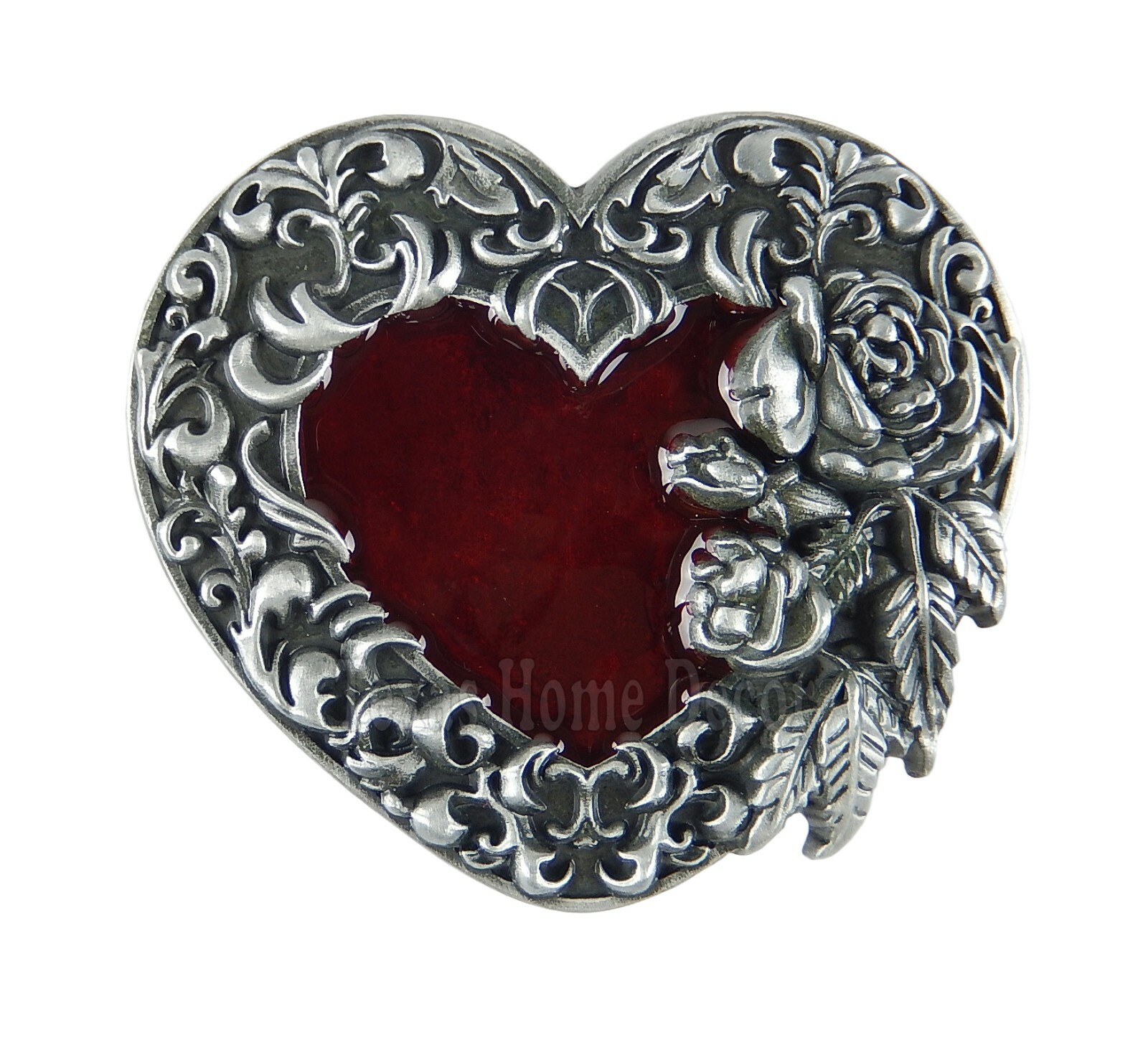 Women’s Red Heart Roses Belt Buckle Enamel Antique Silver Tone Fits 1.5″ Belts