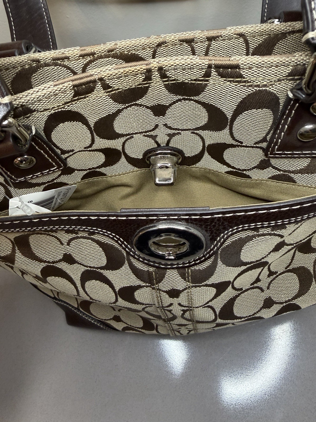 Coach Signature Monogram Brown/Beige Medium Tote Zip Top, Inner Pockets