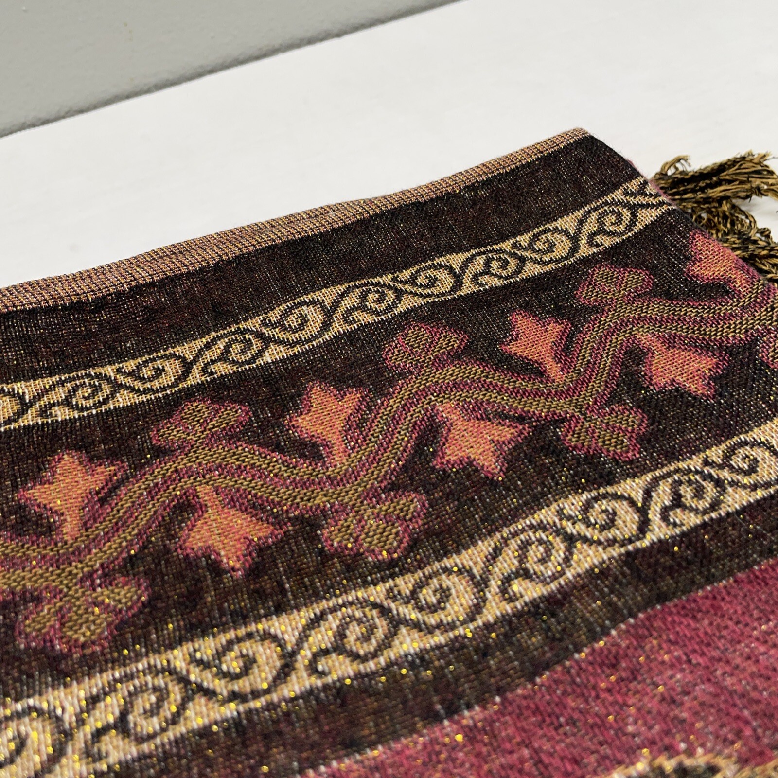 Elegant Floral Wrap Fringed Scarf Maroon Gold Black Oblong Rectangle Sparkle 72”