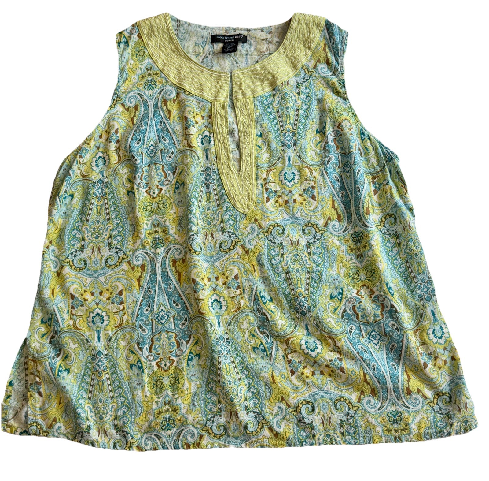 Saint Tropez West Women’s Plus 2X Paisley Sleeveless Tank Blue Green Linen