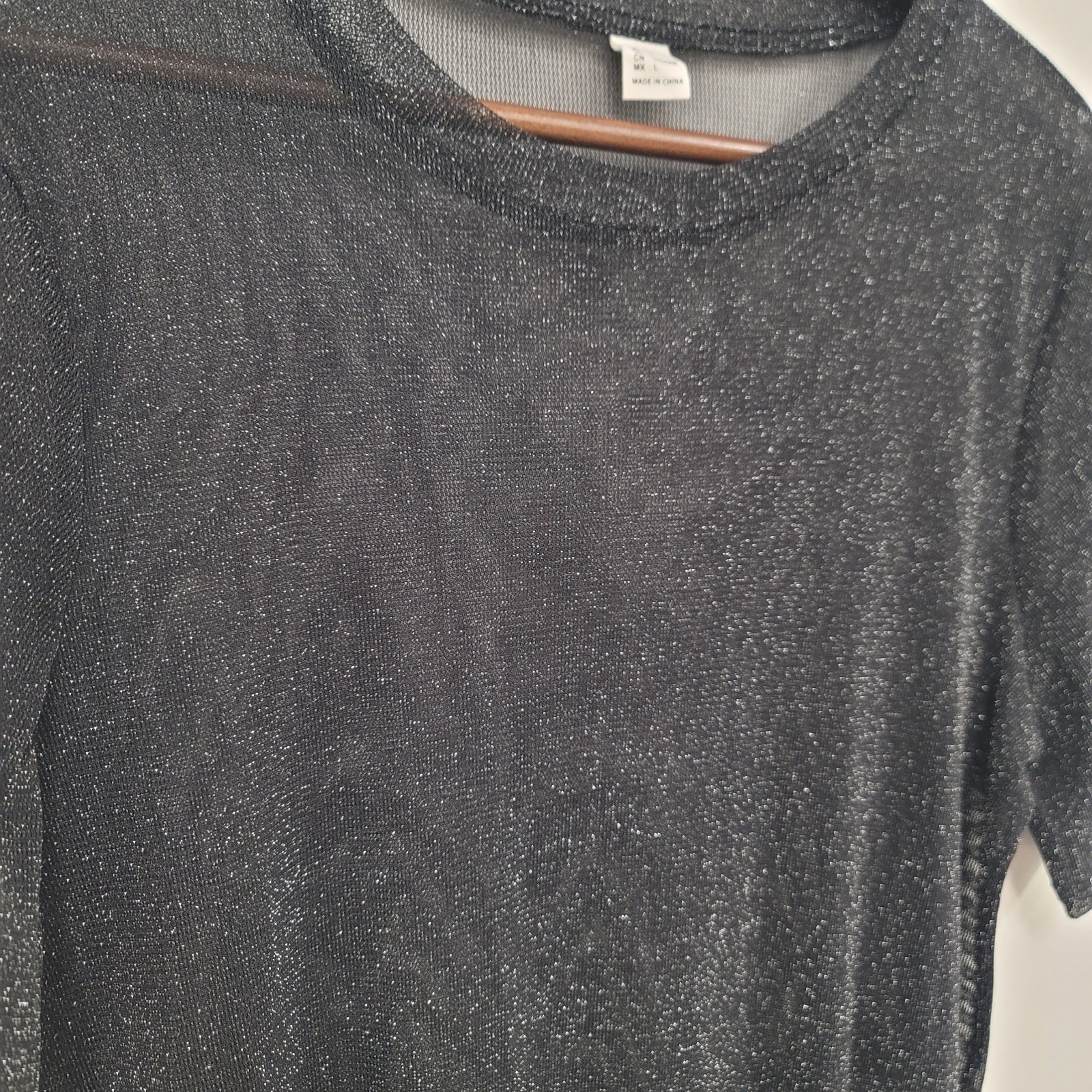 Womens Rave Celestial Whimsigoth Glitter Mesh Top Size L Black Short Sleeve