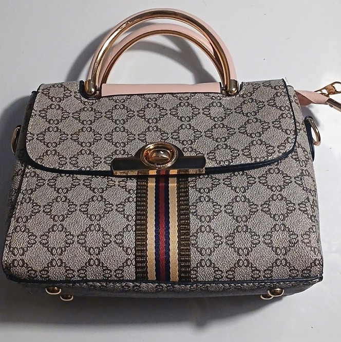 Women’s Beige/Brown Monogram Satchel Top Handle Turn-Lock Zip, Strap, Pockets