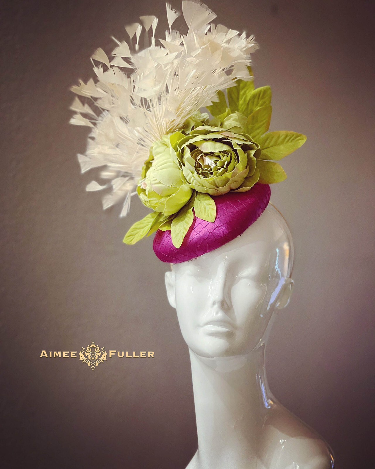 Kentucky Derby Fascinator Ivory White Moss Green Rose Hat Royal Ascot Bridal Hat