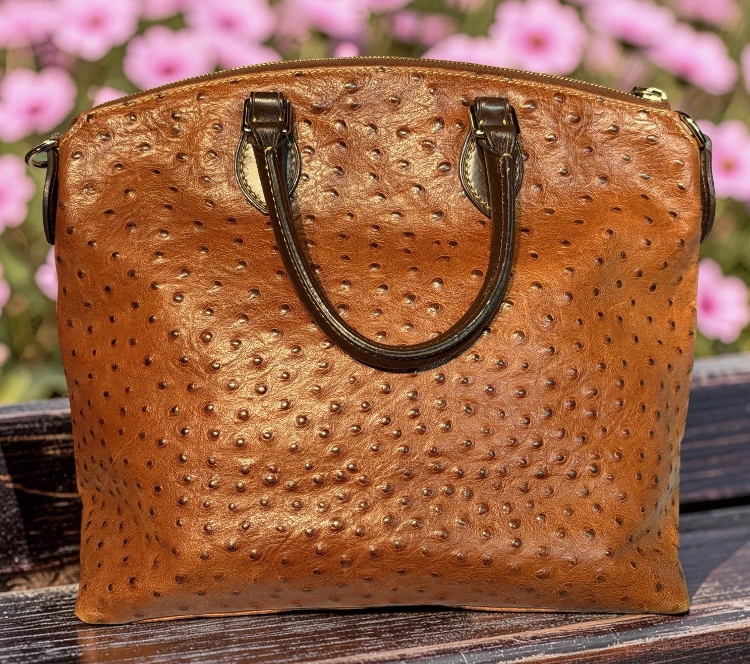 Dooney Bourke Chestnut Brown Ostrich Embossed Leather Front Pocket Satchel Tote