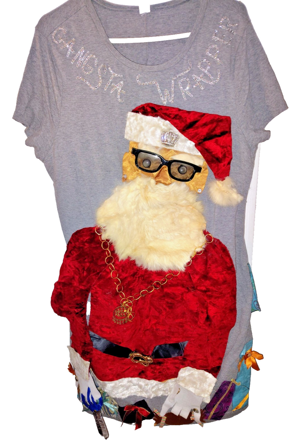 Handmade Women XL Gray Christmas Dress Gangsta Wrapper Sequin Happy Holla Days