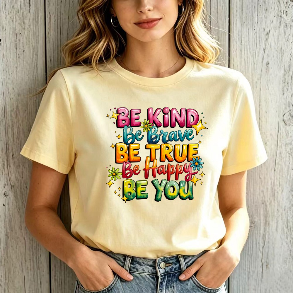 Positive “Be Happy Be You” T-Shirt Floral Inspirational Casual Statement Top