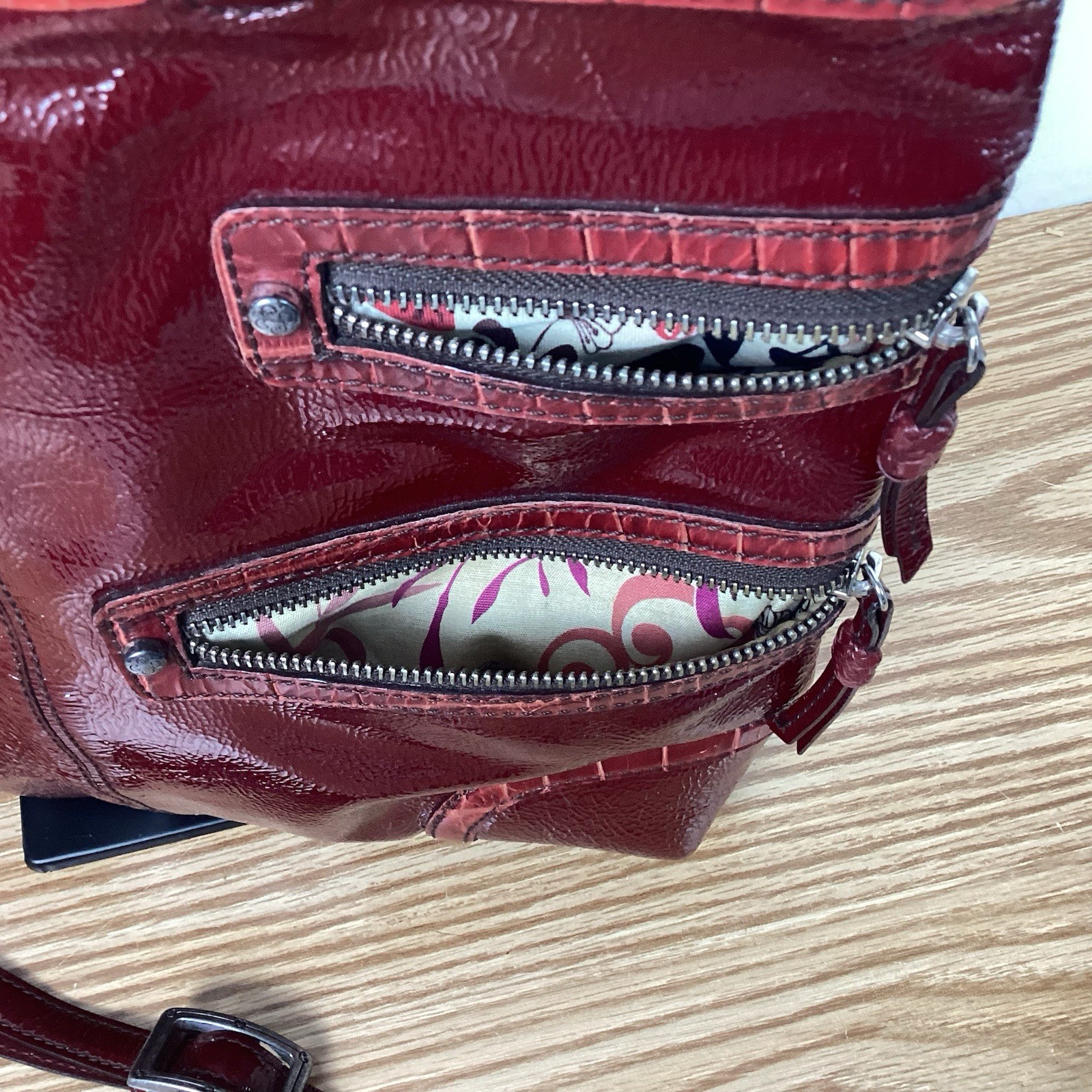 Brighton Kaelan Pocket Tote ORGANIZER Patent Leather Red Med Tote Shoulder Bag