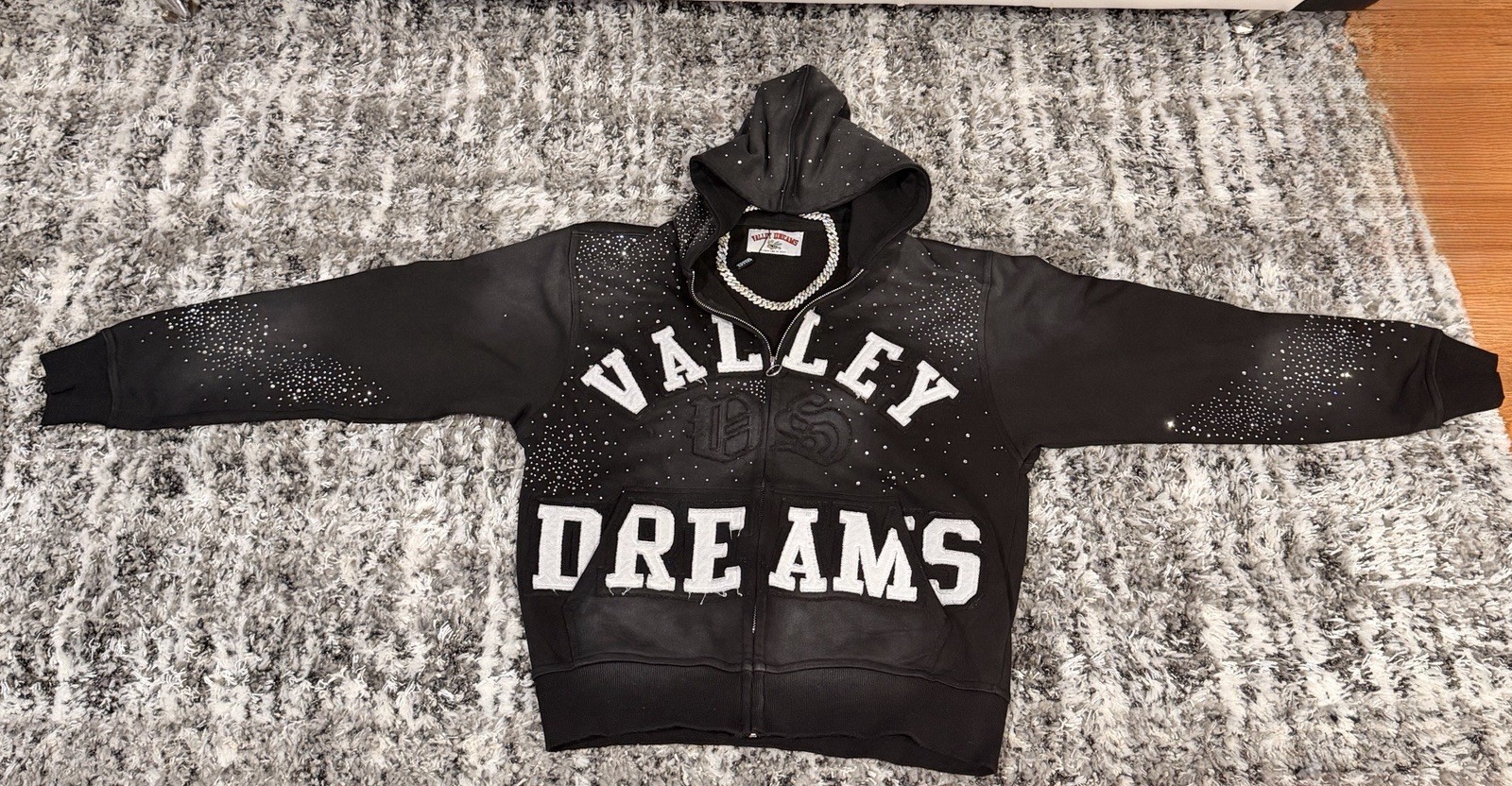 Valley Dreams Men’s Black M Full Zip Hooded Graphic Print Rhinestone Hoodie