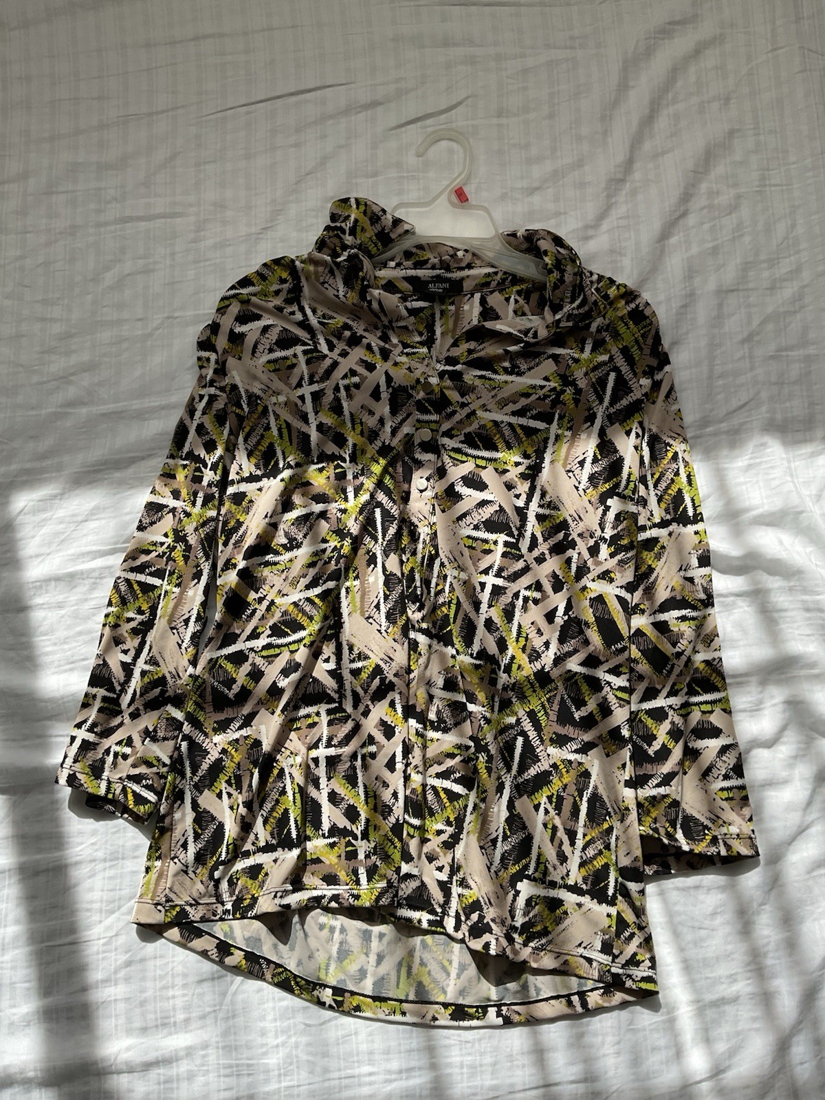 Alfani Women’s Size XL Button Up Blouse Green Black Beige Stripes Long Sleeve