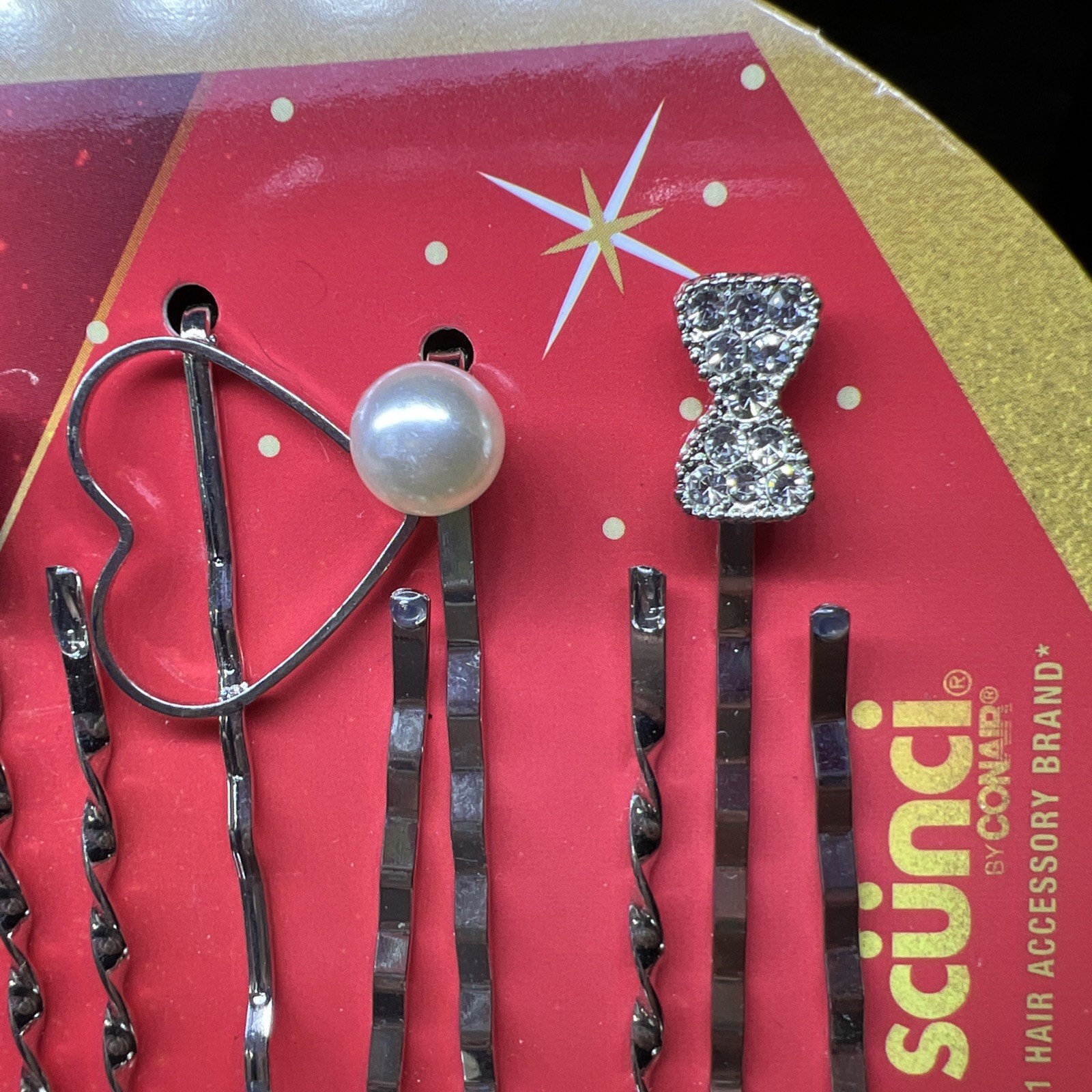 Scunci Rhinestone Pearl Bow Hearts Silver Bobby Pins
