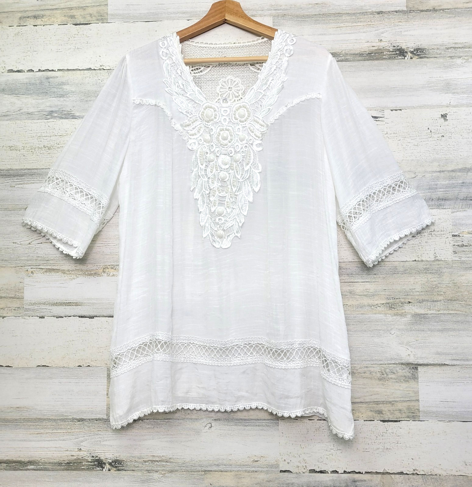 Pretty Angel White Crochet Trim Blouse L Pearl Embellished Scoop Neck Sheer Top