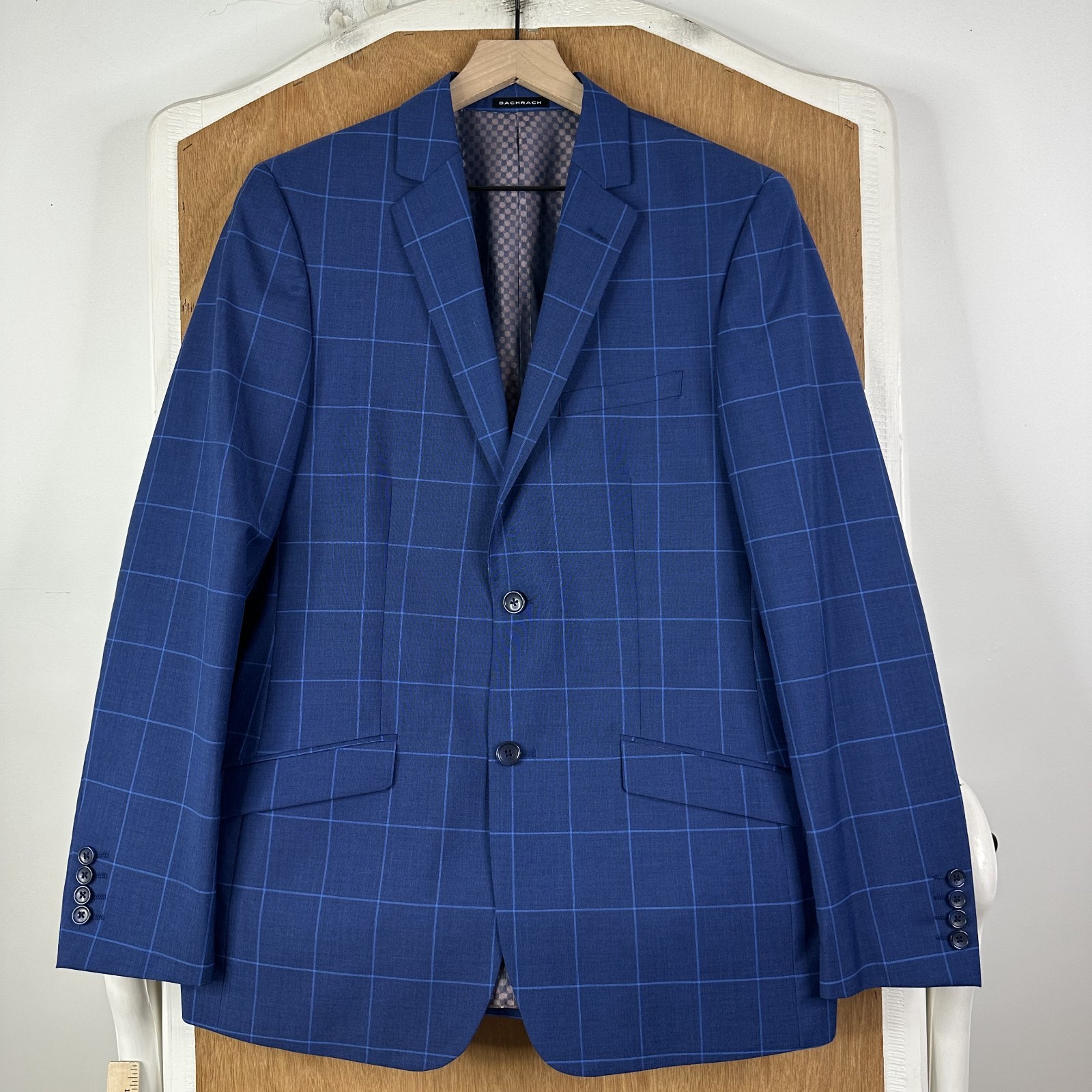 Bachrach Suit Mens 40L Navy Blue Windowpane Polyester Blend Pants 32×32 Flat