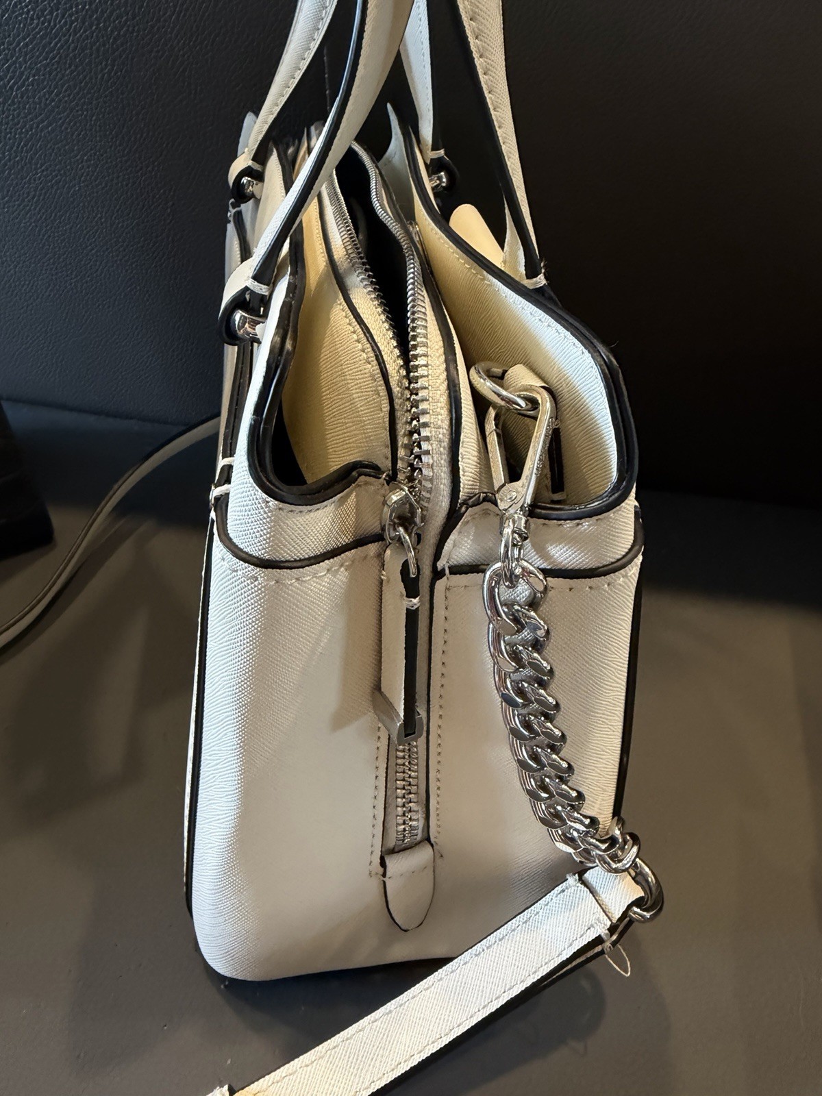 Calvin Klein Beige Satchel Top Handle Bag Zip Double Handles Detachable Strap