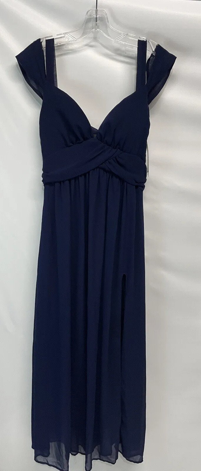 Haoduoyi Navy Blue Chiffon Maxi Dress Gown Deep Slit NEW M