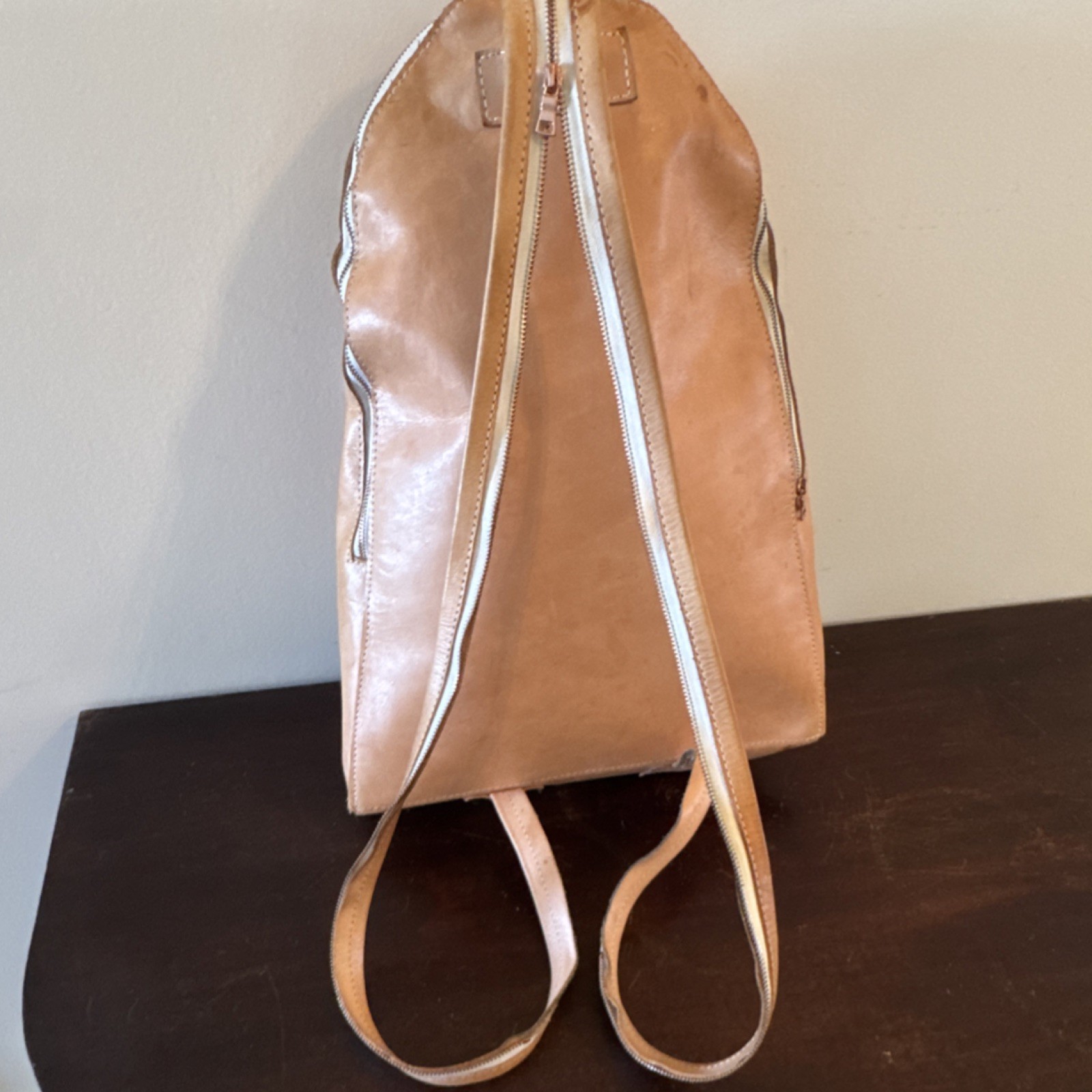 YIELD Tan Leather Backpack Zipper Accent Shoulder Strap Medium Solid