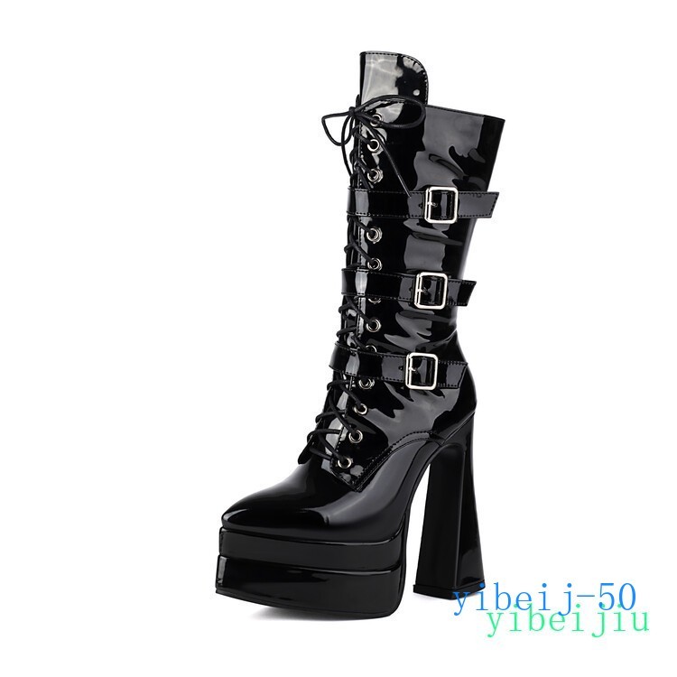 Women’s Mid Calf Boots High Heels Platform Leather Runway Party Buckle Shoes Zip