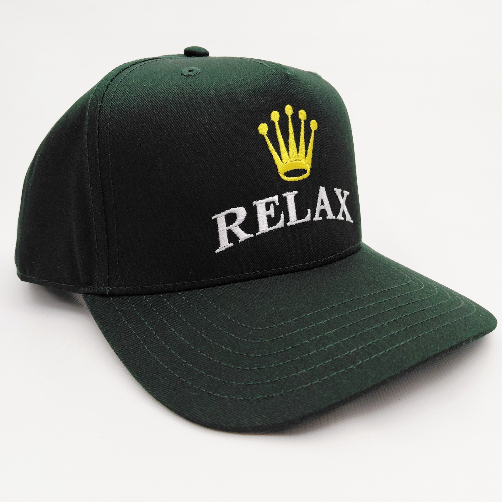 Relax Crown 5 Panel Snapback Hat Embroidered Dark Green High Profile Cap