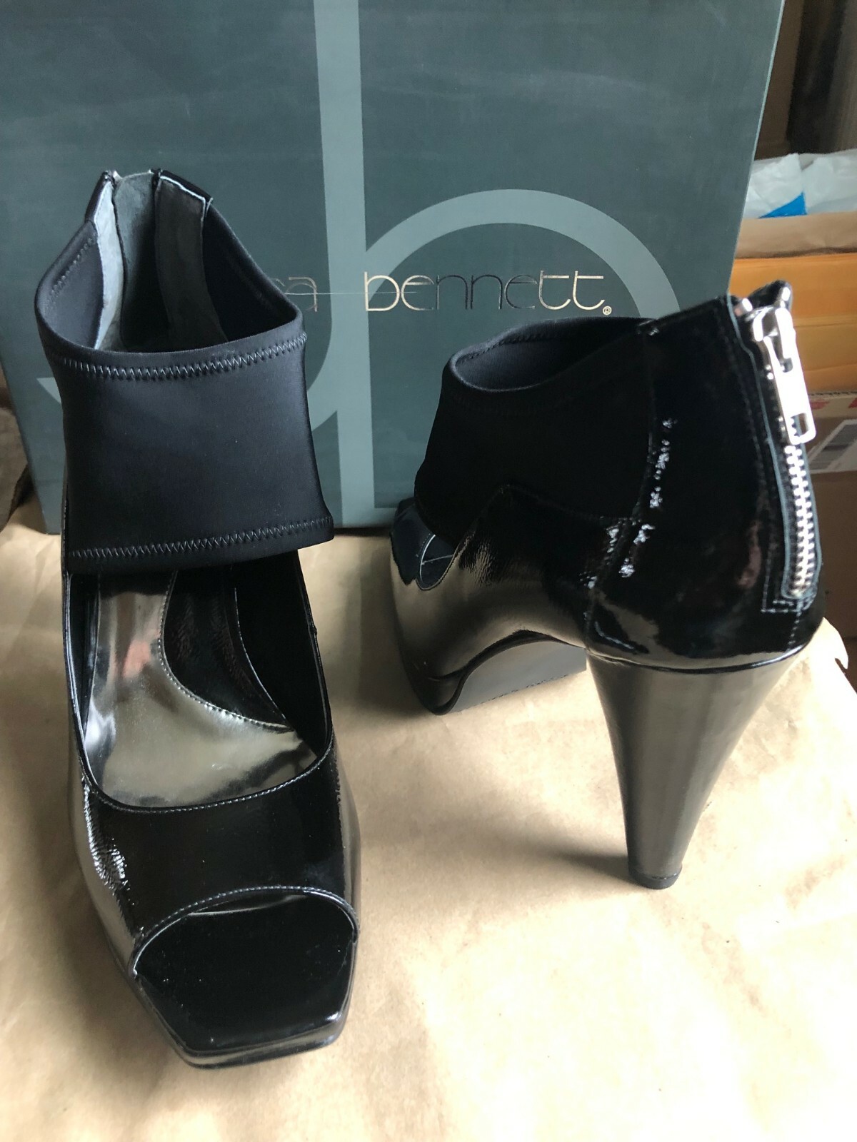 Jessica Bennett NASH Square Toe Platform Pumps BLACK PATENT 12M Rear Zipper NIB