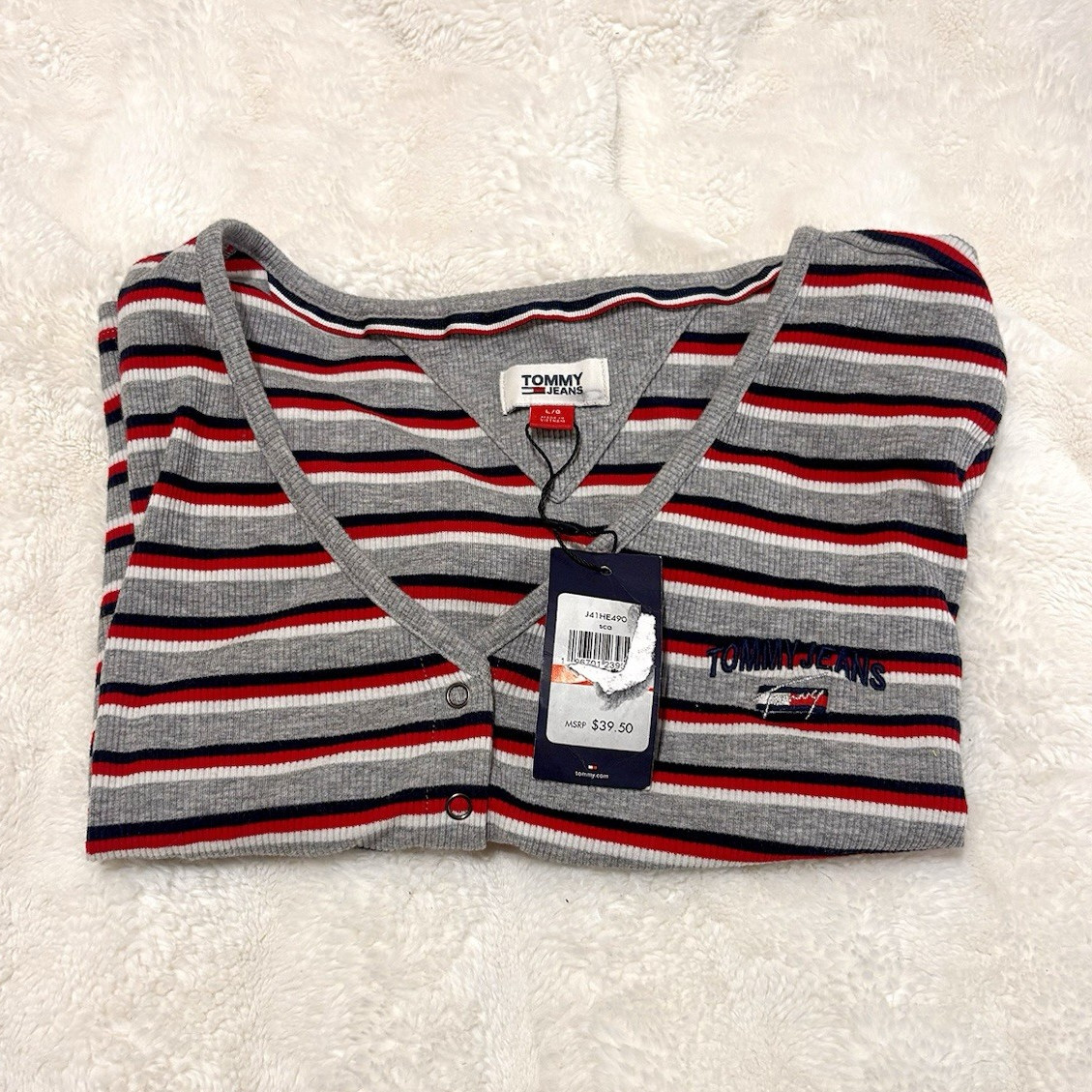Tommy Jeans Women’s Striped V-Neck Button Front Short Sleeve Knit Tee L/G