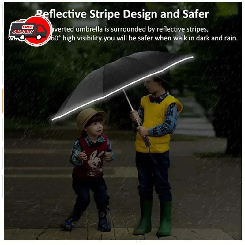 Men Women Automatic Reverse Folding Umbrella Windproof UV Reflective Stripe*