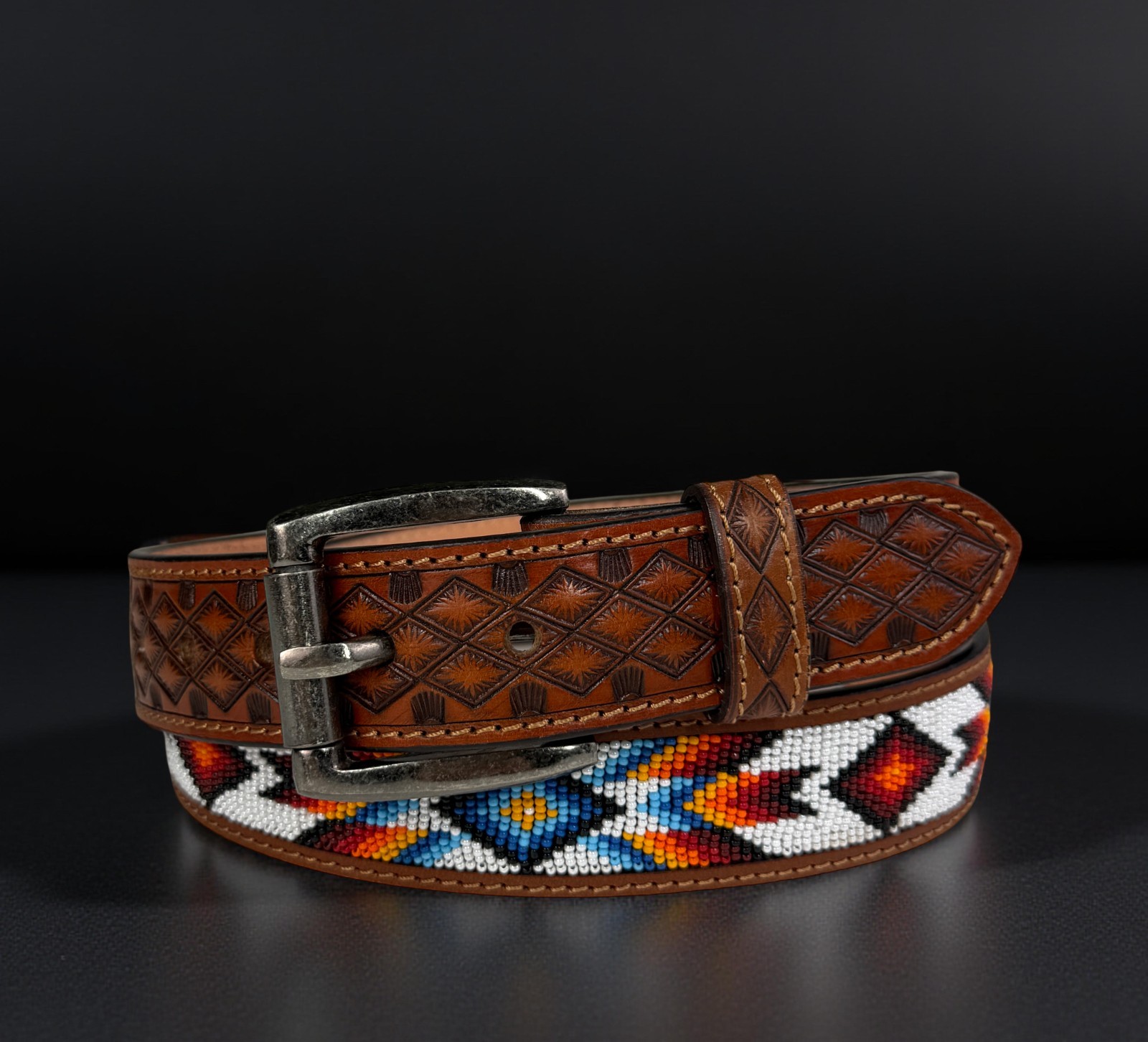 Full Grain Leather Hand Tooled Western Belt Cowboy Rodeo Beaded Removable Buckle