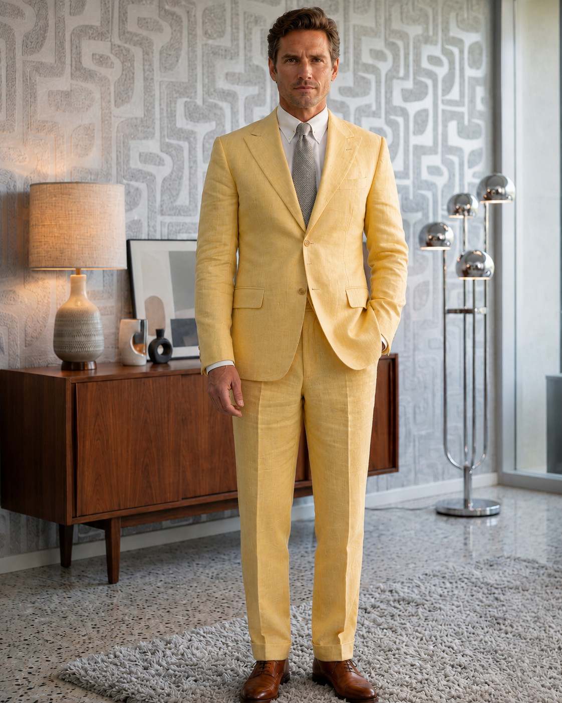 Mens Yellow Linen Suit Jacket Vest Pants Wedding Prom Groom Beach Party 3pc Set
