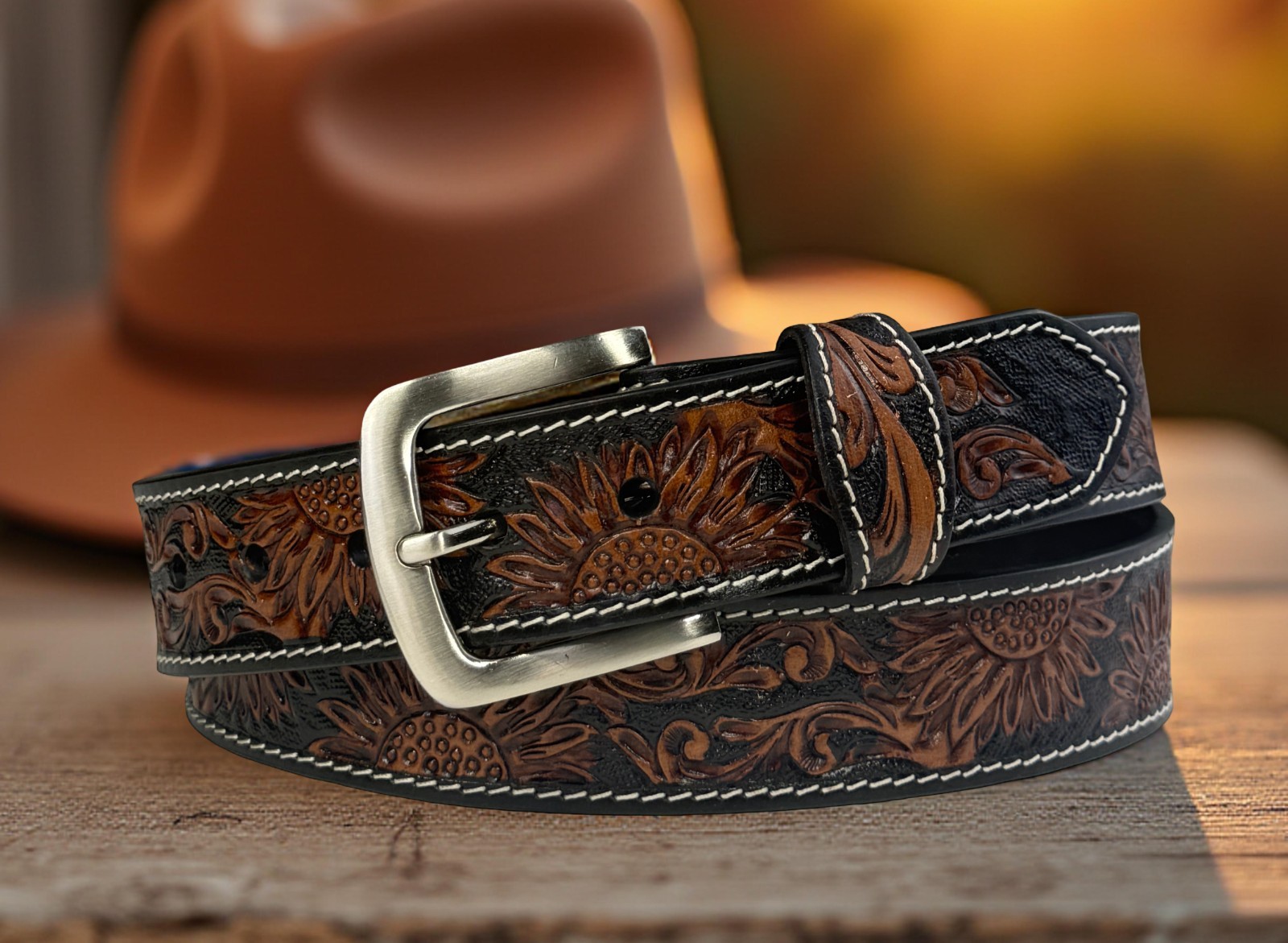Western Leathe Belt Cowboy Rodeo Full Grain Leather Hand Tooled Removable Buckle