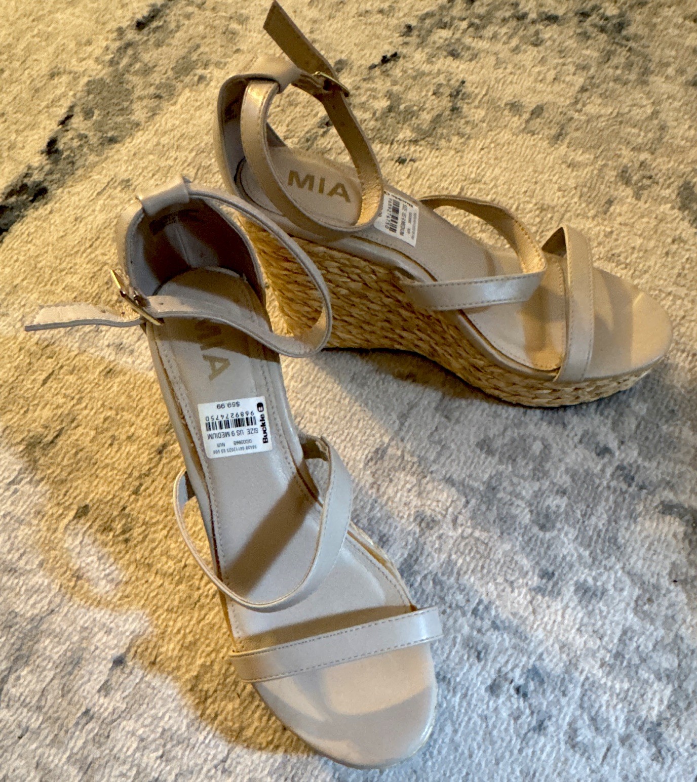 MIA Carinna Women’s Beige Wedge Sandals Ankle Strap Buckle Open Toe US 9