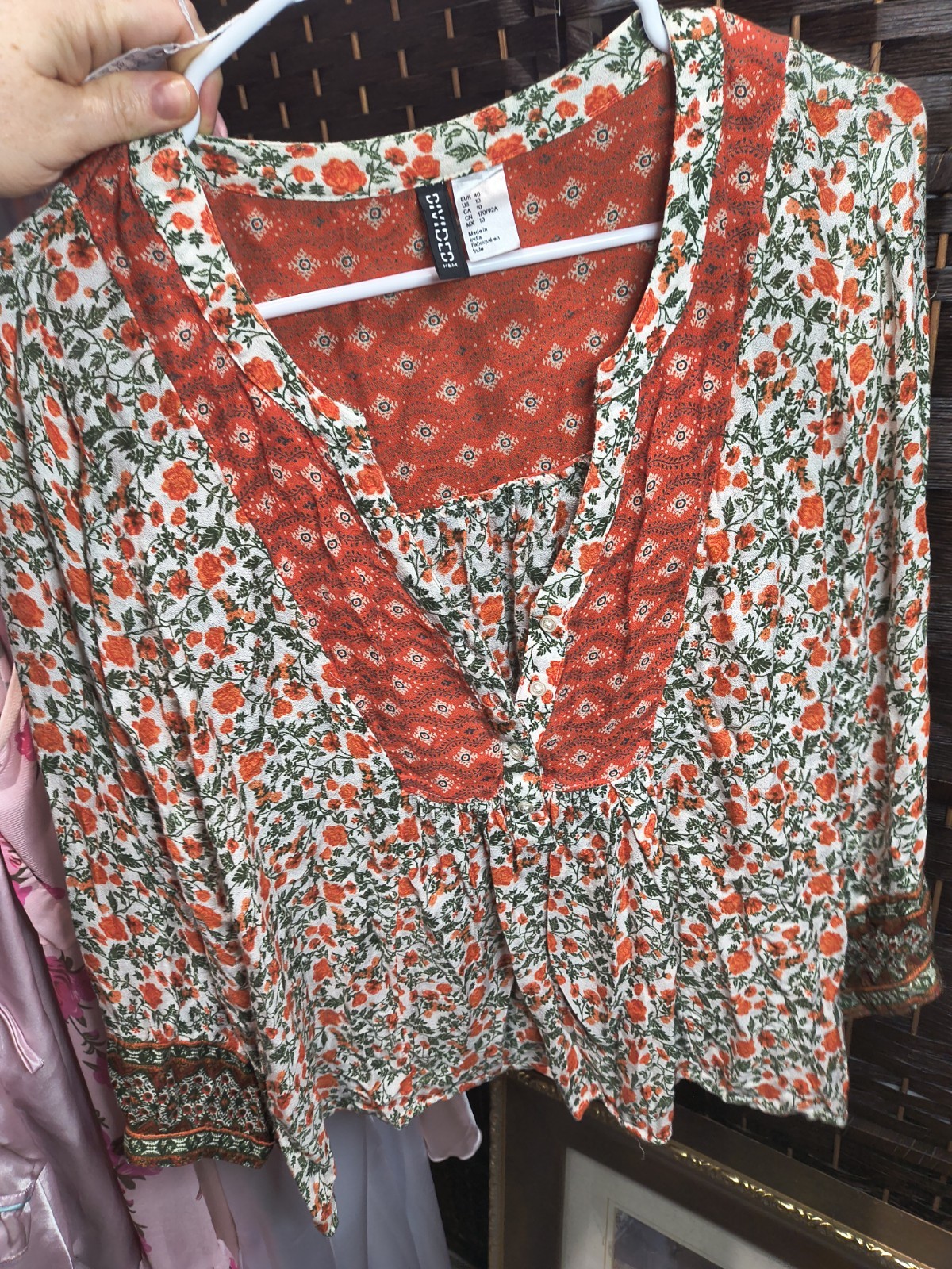 Divided Womens 10 Orange White Green Floral V-Neck 3/4 Sleeve Button Top Blouse