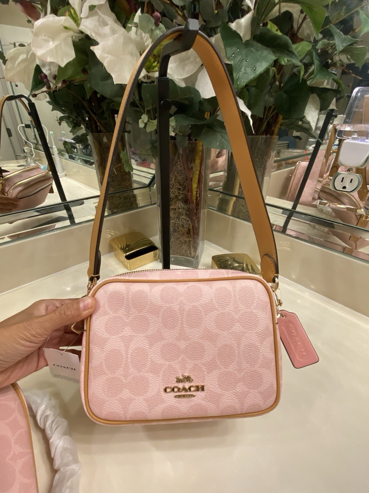Coach Pink Signature Logo Crossbody Bag Top Handle Zip Gold Hardware Bag Charm
