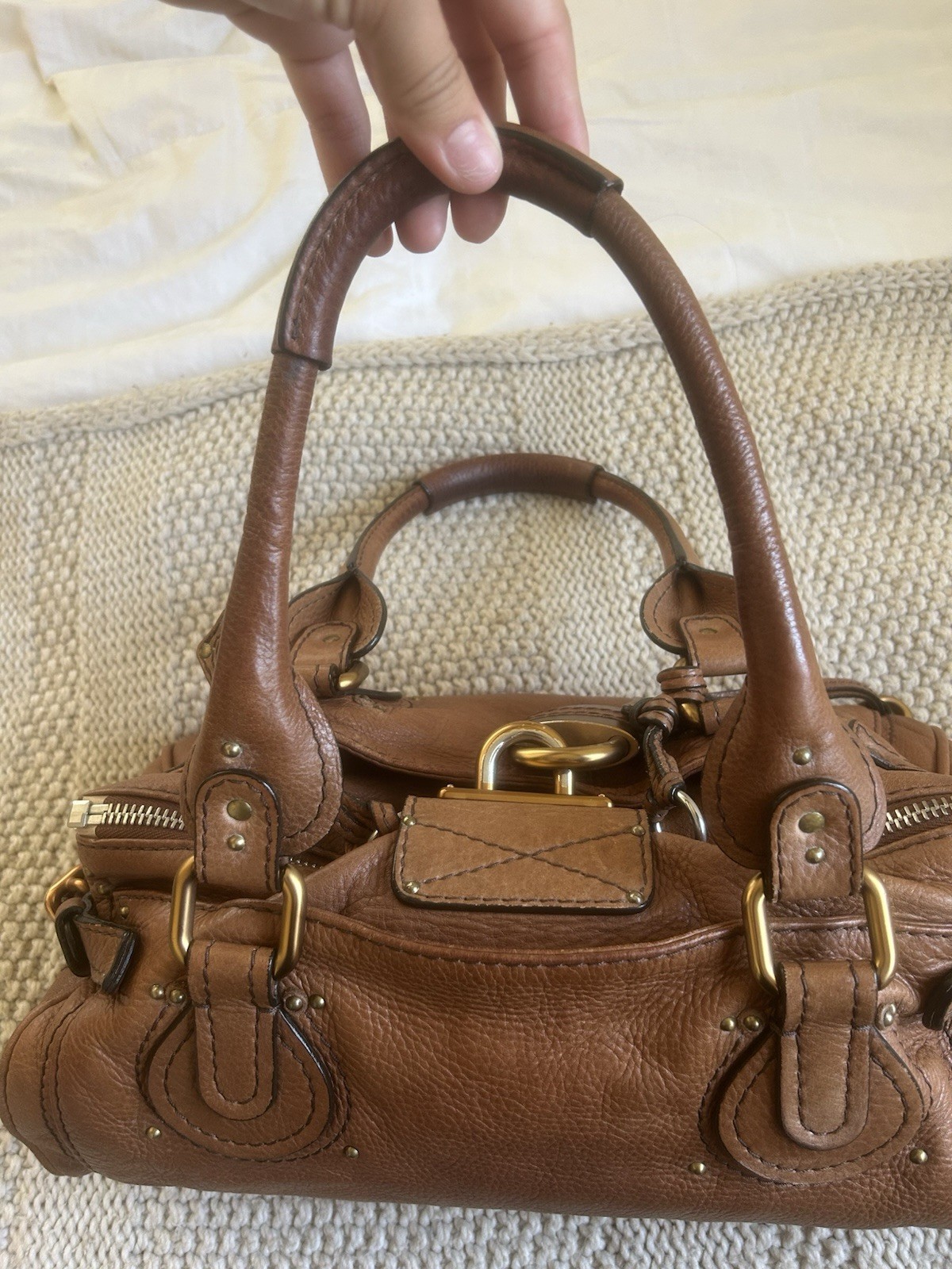 Chloé Brown Satchel Padlock & Key, Studded Bottom, Zip Closure, Gold/Silver