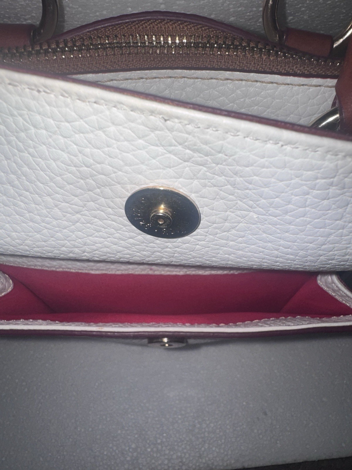 Dooney & Bourke White/Brown Leather Top Handle Zip Bag Red interior