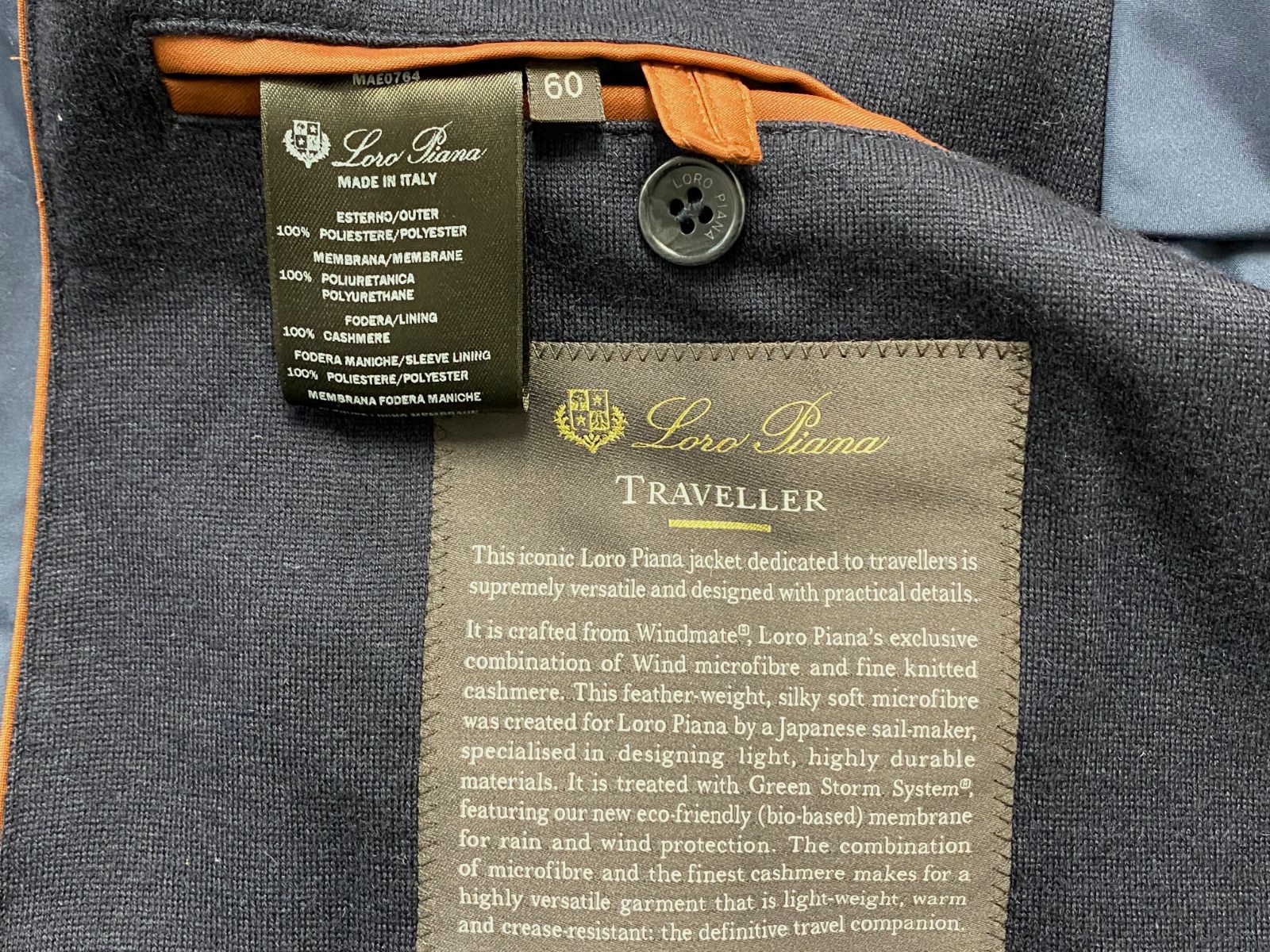 Loro Piana Men’s Blue Cashmere Storm System Traveler Windmate 74 Jacket Size 60